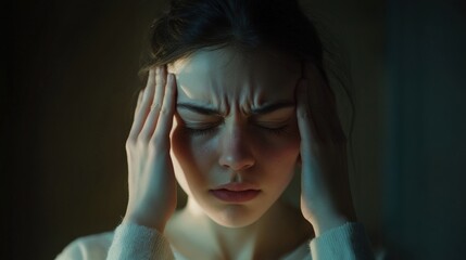 Fototapeta premium A woman sits in a softly lit setting, pressing her temples with her fingers, seeking relief from discomfort and stress ear pain, earache, otitis