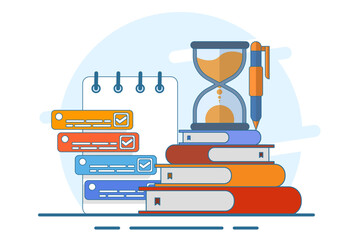 Exam concept, exam paper with timer and hourglass, Exam, Survey, Checklist, Test, Assignment deadline, exam preparation, subject learning course, education concept. flat vector illustration.
