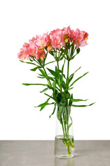 Flowers bouquet pink alstroemeria, Lily of the Incas, in vase on isolated white background close-up