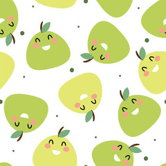 Seamless pattern with cute cartoon green pears, for fabric prints, textiles, colorful gift wrapping paper for children, flat style