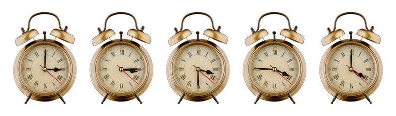 Alarm clock set, vintage clock with time period 03:00, 03:15, 03:30, 03:45, 04:00 a.m., p.m....