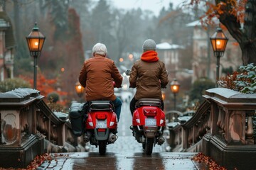 Elderly couple riding red motor scooters down wet stone steps in autumn