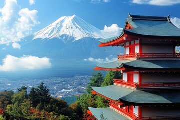 Red Pagoda and Mount Fuji with Blue Sky and White Clouds