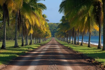 Obraz premium Palm Trees Lining a Dirt Road Leading to the Ocean