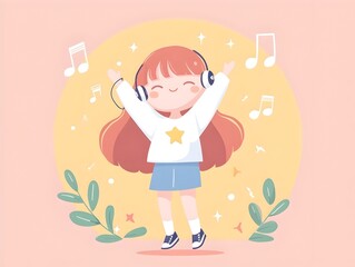 Cheerful Chibi Idol Singing and Dancing with Pastel Backdrop