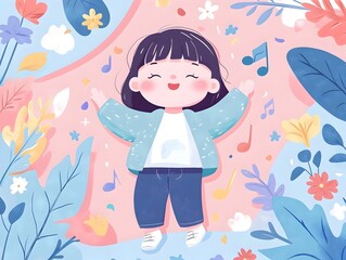 Cheerful Chibi Idol Singing and Dancing on Pastel Backdrop