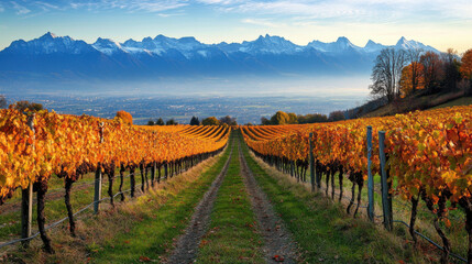 Fototapeta premium A beautiful vineyard in the Swiss countryside, with rows of grapes leading to the mountains in