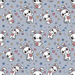 Cute kawaii bunny. Seamless vector pattern with rabbits and kawaii elements. 