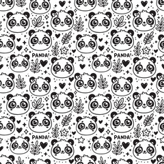 Cute kawaii pandas' faces. Seamless vector pattern with pandas, leaves, hearts and kawaii elements. 