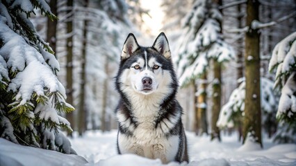 Naklejka premium Black and White Husky in Snowy Forest: