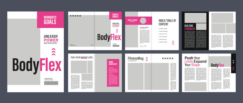 fitness magazine template, gym brochure design layout