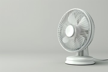 White electric fan placed on a matching white table, complementing contemporary home decor.