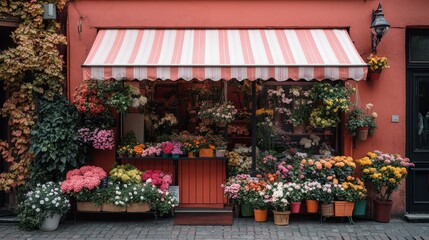 Beautiful flower shop with different housplants and flowers in city,flowers at a florist,decoration colorful flowers street shop,Facade of cute small flower shop,The business,plant shop.