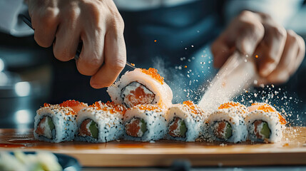 A skilled chef preparing fresh sushi rolls with vibrant ingredients, showcasing the art of Japanese cuisine and culinary expertise.