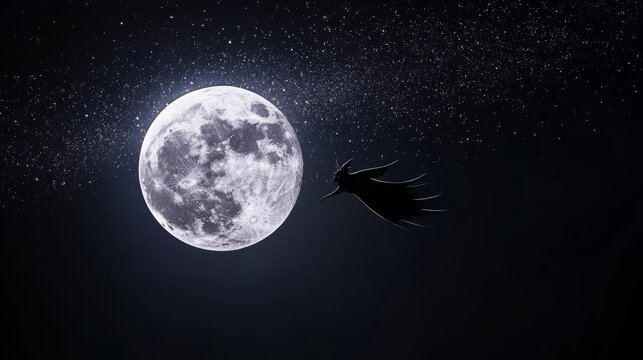 Witch in flight, glittering star dust, silver moon glow, dark starry sky, witch shadow, magical night