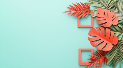 Serene Monotone Coral-Colored Tropical Leaves on Pale Mint Background, Generative Ai