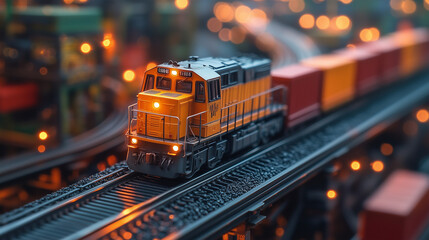 Toy Train Journey: A miniature yellow locomotive with glowing headlights pulls a train of cargo containers on a model railroad track, illuminated by warm, festive lights in a whimsical scene. 