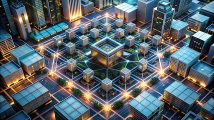 Convergence Nexus: Hub of innovation, dynamic, sophisticated, muted tones, geometric shapes