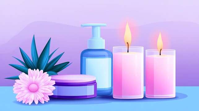A serene arrangement of spa essentials featuring candles, lotion, and flowers, creating a calming atmosphere for relaxation.