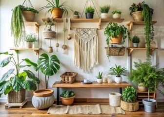 Cozy Bohemian Shelf Sanctuary: Woven textiles, natural materials, hanging plants, eclectic decor, layered textures.