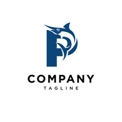 Letter P Blue Marlin Fish Logo Icon Vector