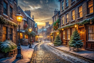 Dickensian Christmas: Historic, atmospheric, gaslight, muted colors, cobblestone streets.