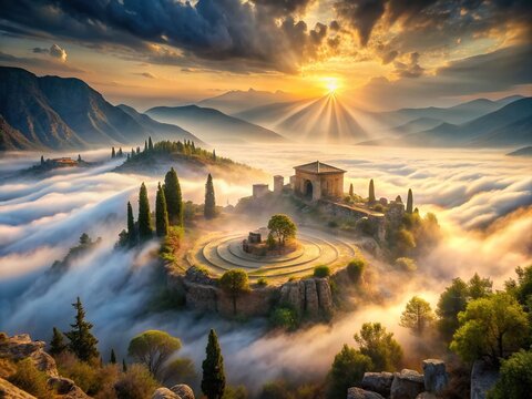 Delphic Oracle: Mystical landscapes with swirling mists and ethereal light, evoking the enigmatic prophecies of the ancient oracle.