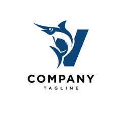 Letter V Blue Marlin Fish Logo Icon Vector