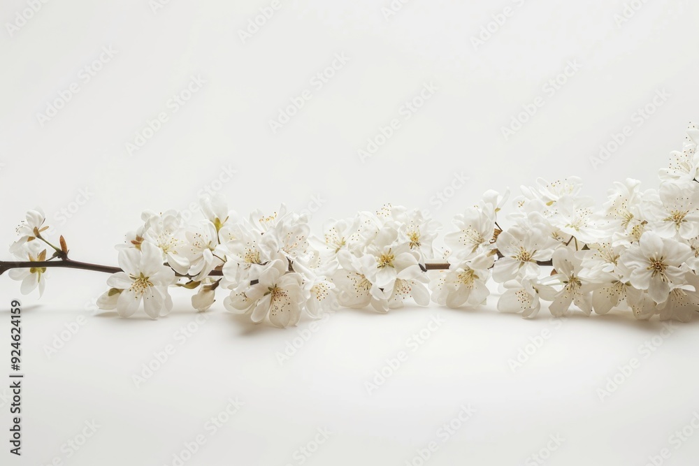 Poster a close-up of a single stem with white flowers against a white background, perfect for use in editor