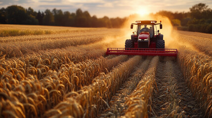 Obraz premium Golden Hour Harvest: Tractor in a field of golden wheat at sunset, capturing the beauty and hard work of agriculture. 