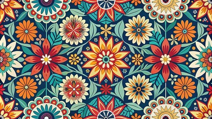 Geometric Floral Pattern: Interlocking shapes, bold colors, abstract flowers, modern and sophisticated.