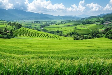 Fototapeta premium Lush Green Rice Terraces in a Mountainous Landscape