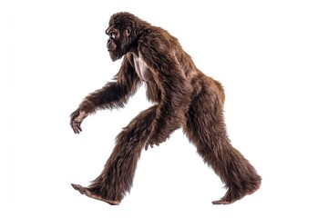 A hairy bipedal primate walking on a white background