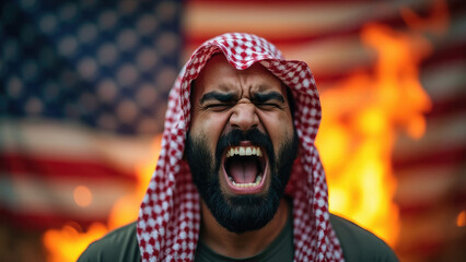 A man with a checkered keffiyeh passionately clenches his fists and shouts, standing in front of a blazing American flag, evoking themes of rebellion, anger, and political intensity.