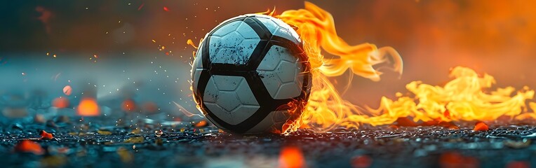 Soccer ball burning in fire on dark background