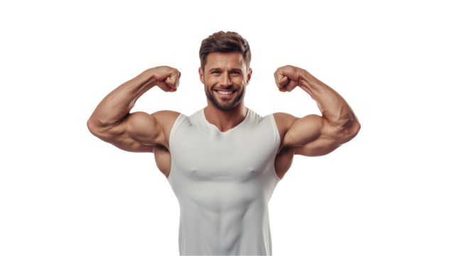 Muscular Man Flexing Biceps isolated on transparent background 
