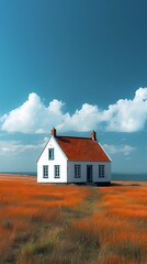 Obraz premium green and blue minimalist style endless prairie with small house illustration poster background