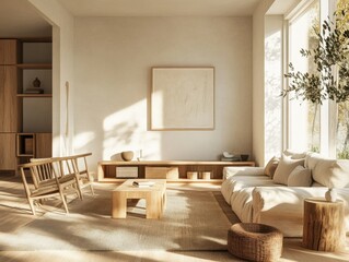 A living room with a white couch, a coffee table, and a chair