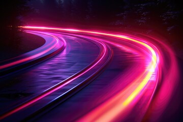 Futuristic neon light trails on a winding road at night