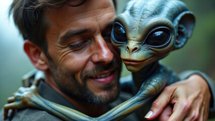 A man embraces an affectionate alien creature, depicting a unique bond and extraordinary scenario. The detailed textures of the creature and the tender expression highlight a remarkable connection bey