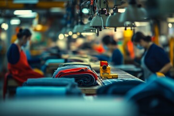 Textile factory workers advocate for fair wages and labor rights in blurred shot