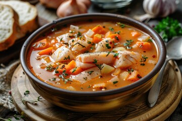 A hearty seafood soup with vegetables garnished with herbs.