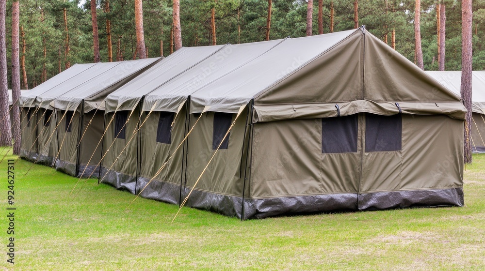Wall mural gray military tents in a sunny pine forest camp during springtime