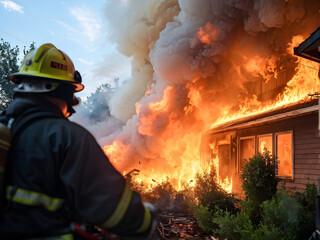 Fireman in action against house on fire , back point of view.  