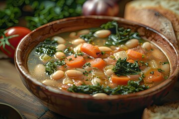 A hearty vegetable soup filled with carrots, beans, and greens in a rustic bowl.