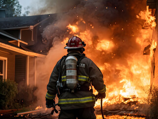 Naklejka premium Fireman in action against house on fire , back point of view. 