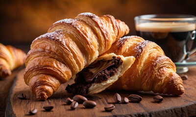 Golden chocolate croissants dusted with powdered sugar and paired with a cup of coffee create a warm and inviting breakfast delight, visually appealing and irresistibly edible in this image.