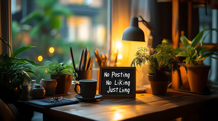 A sign saying "No Posting, No Liking, Just Living" on a cozy desk setup, emphasizing the importance of digital detox and mindfulness.