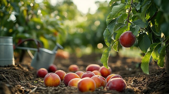 Plum Tree in Orchard During Late Summer or Early Fall with Ripe Plums on the Ground, Mulch Layer, and Nearby Watering Can, Featuring Warm Sunlit Background