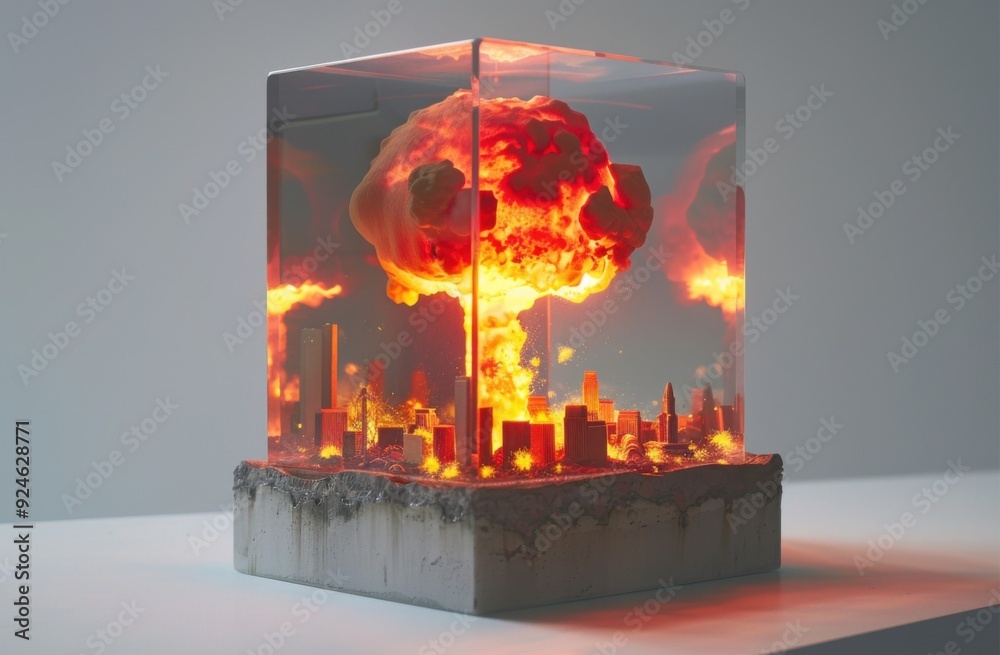 Poster nuclear explosion inside a transparent cube with a burning city inside. the sculpture is placed on a